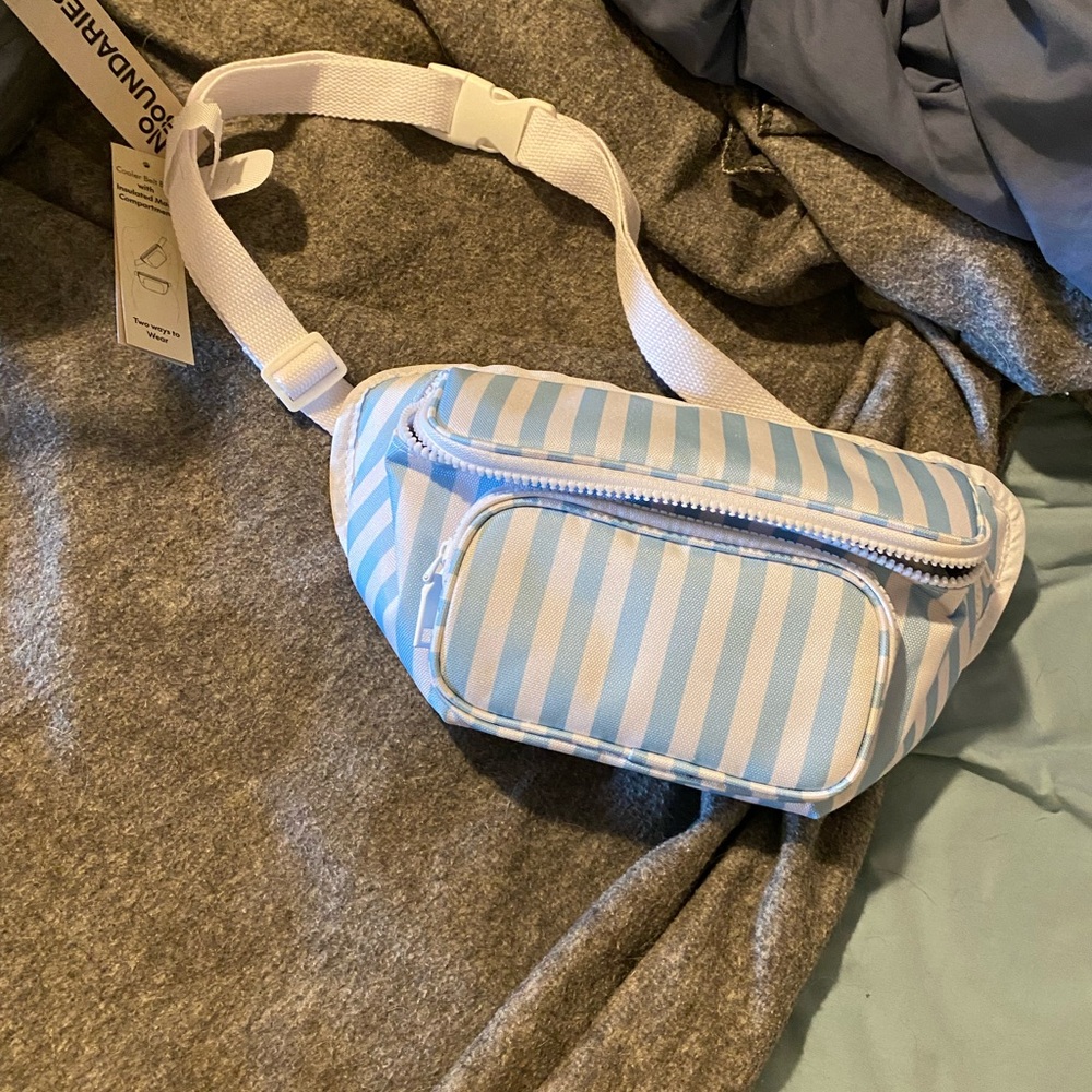 No Boundaries Striped Travel Fanny Pack front pouch is an insulated cooler pouch